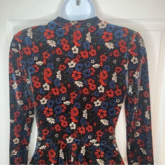 Topshop Mockneck Navy Floral Velvet Dress Long Sleeves A-Line Fit and Flare 4 - Picture 5 of 10